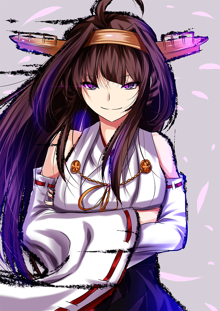 &gt;:) 1girl ahoge akeyama_kitsune bare_shoulders breasts brown_hair closed_mouth cowboy_shot crossed_arms detached_sleeves double_bun hairband headgear japanese_clothes kantai_collection kongou_(kantai_collection) large_breasts long_hair looking_at_viewer nontraditional_miko ribbon-trimmed_sleeves ribbon_trim sidelocks smile solo violet_eyes