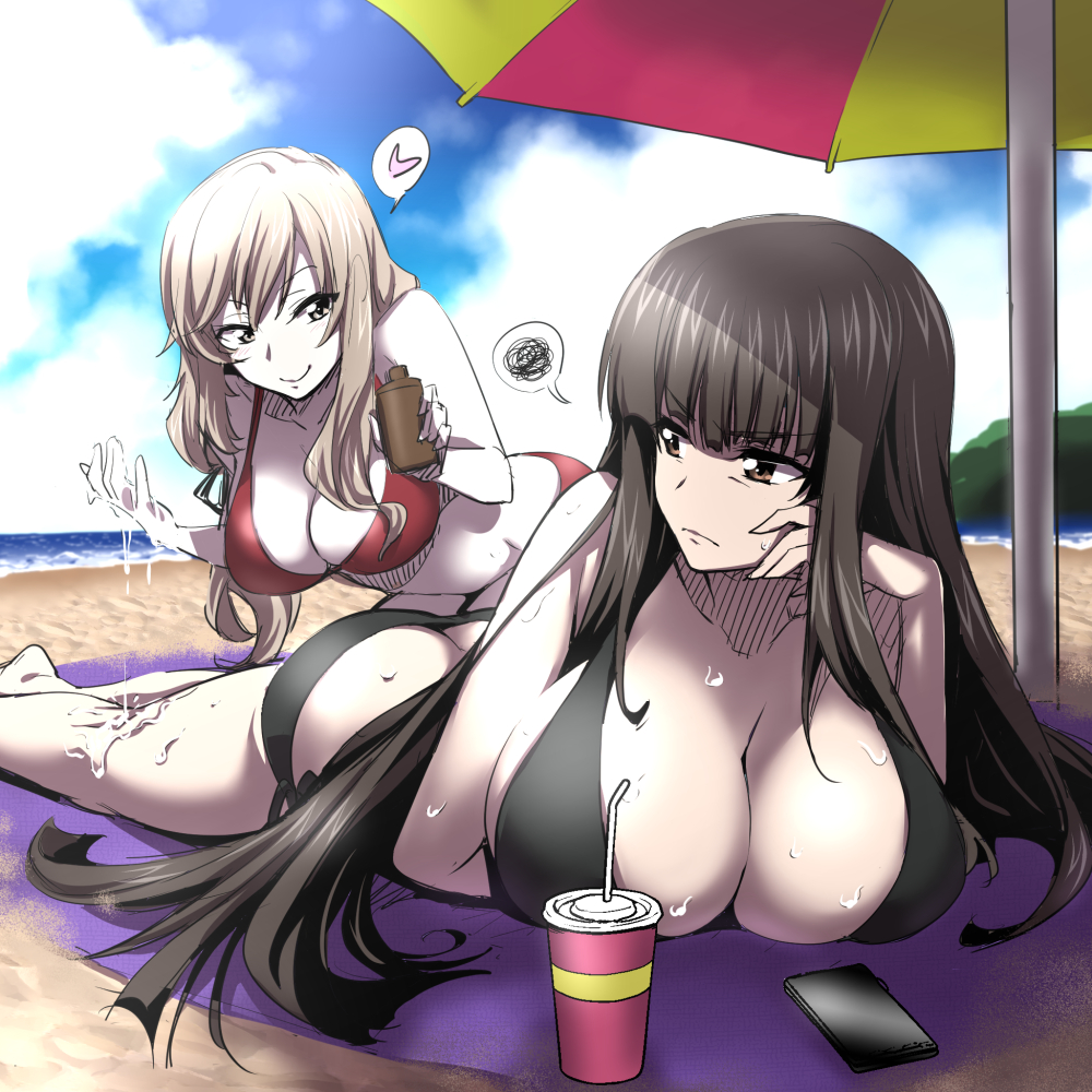 &gt;:( 10s 2girls bangs beach beach_umbrella bikini black_bikini black_hair blue_sky blunt_bangs blush breasts brown_eyes cellphone cleavage closed_mouth clouds cloudy_sky collarbone day foreshortening girls_und_panzer green_eyes grey_hair heart large_breasts long_hair looking_at_another lotion lying mature multiple_girls nakahira_guy nishizumi_shiho on_stomach outdoors phone red_bikini shimada_chiyo sky smartphone smile spoken_heart spoken_squiggle squiggle sweat swimsuit umbrella