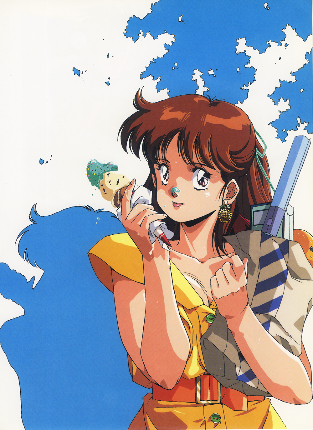 1girl 80s anice_farm artist_request bag brown_eyes brown_hair carrying chouon_senshi_borgman double_scoop earrings food half_updo highres holding holding_food ice_cream jewelry kikuchi_michitaka looking_at_viewer messy oldschool shadow shopping_bag solo