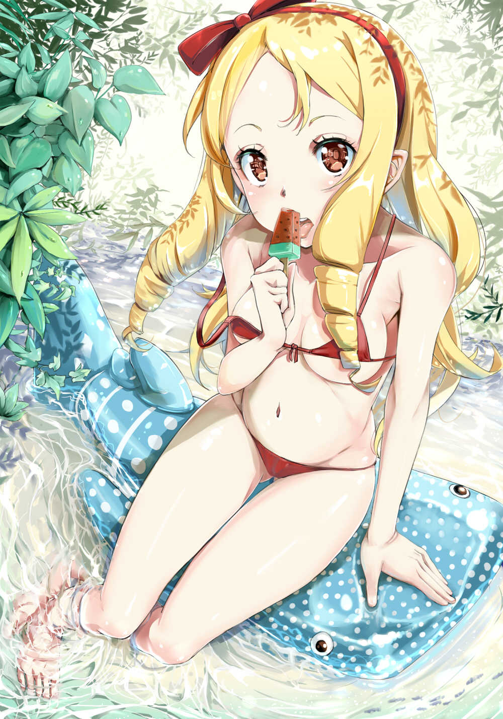 10s 1girl afloat barefoot bikini blonde_hair bow breasts drill_hair eromanga_sensei feet food hair_bow highres kntrs_(knyrs) long_hair looking_at_viewer navel pointy_ears popsicle red_eyes sitting small_breasts soaking_feet solo strap_slip swimsuit twin_drills watermelon_bar whale_shark yamada_elf