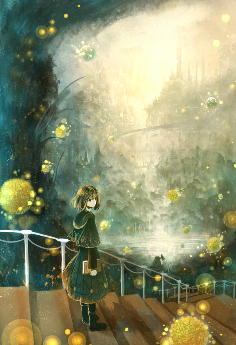 1girl bangs book boots capelet fantasy from_side holding holding_book hood hood_down hoodie hoodie_vest lake looking_at_viewer magic original sakimori_(hououbds) scenery short_hair skirt smile solo stairs vest wide_sleeves