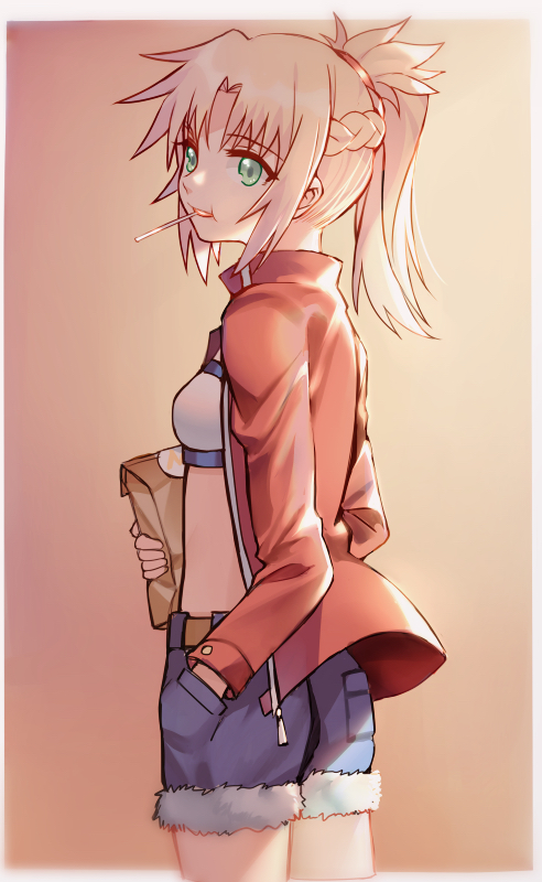 1girl bag bandeau bangs blonde_hair braid candy denim denim_shorts eyebrows_visible_through_hair fate/apocrypha fate_(series) food food_in_mouth from_side fur_trim green_eyes half_updo holding_bag jacket lollipop long_hair open_clothes open_jacket paper_bag parted_bangs ponytail saber_of_red short_shorts shorts sidelocks solo yorukun