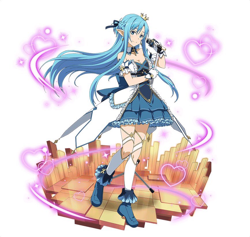 1girl asuna_(sao-alo) blue_dress blue_eyes blue_hair blue_ribbon blue_shoes breasts cleavage crown dress earrings floating_hair full_body hair_between_eyes hair_ribbon head_tilt heart holding holding_microphone idol jewelry layered_dress long_hair looking_at_viewer medium_breasts microphone microphone_stand mini_crown pointy_ears ribbon shoes simple_background sleeveless sleeveless_dress smile solo standing strapless strapless_dress sword_art_online very_long_hair white_background white_legwear