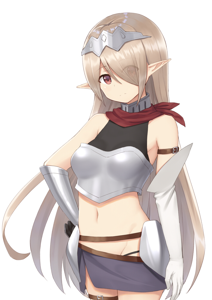 1girl arm_at_side arm_belt armor bare_shoulders blush breastplate brown_eyes brown_hair closed_mouth elbow_gloves eyebrows_visible_through_hair eyes_visible_through_hair gloves groin hair_over_one_eye hand_on_hip head_tilt heijialan long_hair looking_at_viewer navel original pointy_ears simple_background single_elbow_glove smile solo thigh_strap very_long_hair white_background white_gloves