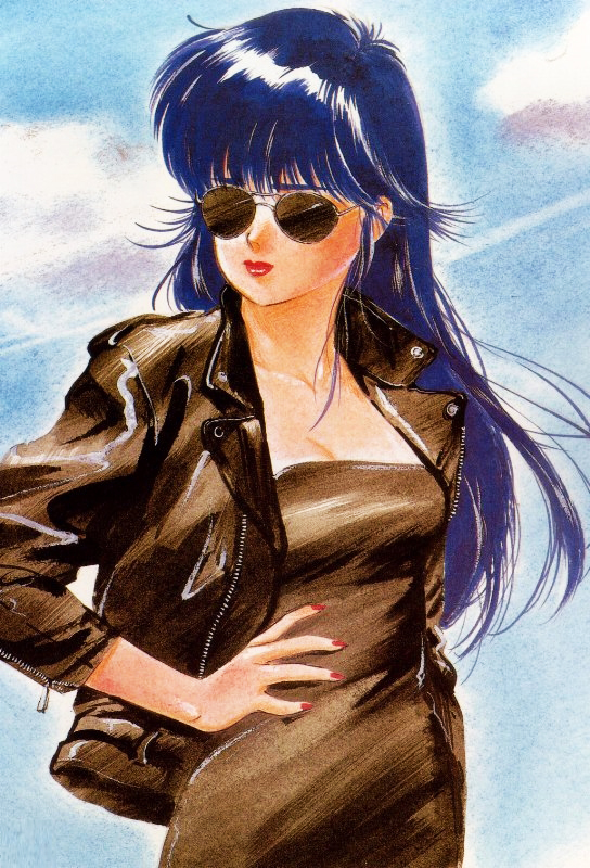 1girl 80s ayukawa_madoka black_dress black_hair breasts cleavage dress hand_on_hip jacket kimagure_orange_road leather leather_jacket lipstick long_hair makeup nail_polish oldschool open_clothes open_jacket sleeves_past_wrists solo takada_akemi traditional_media watercolor_(medium)