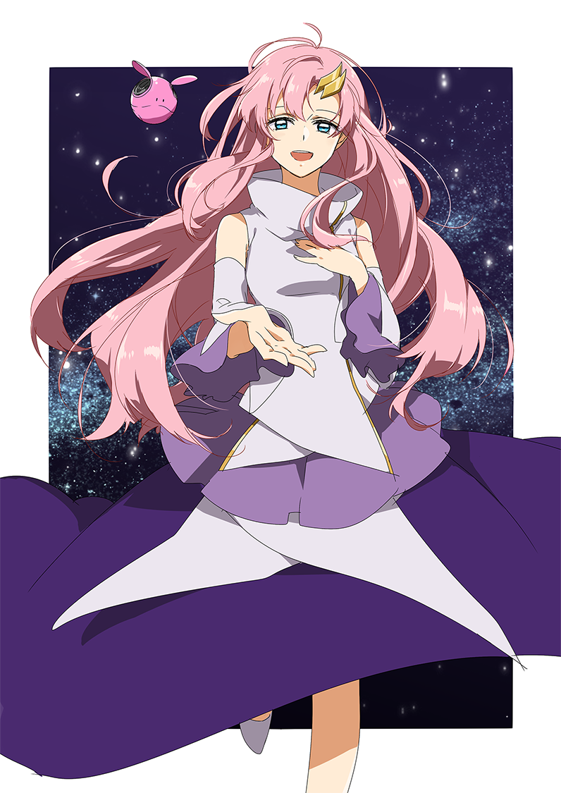 1girl akari_h blue_eyes floating_hair gundam gundam_seed hair_ornament hand_on_own_chest haro lacus_clyne long_hair long_skirt looking_at_viewer open_mouth outstretched_hand pink_hair skirt smile