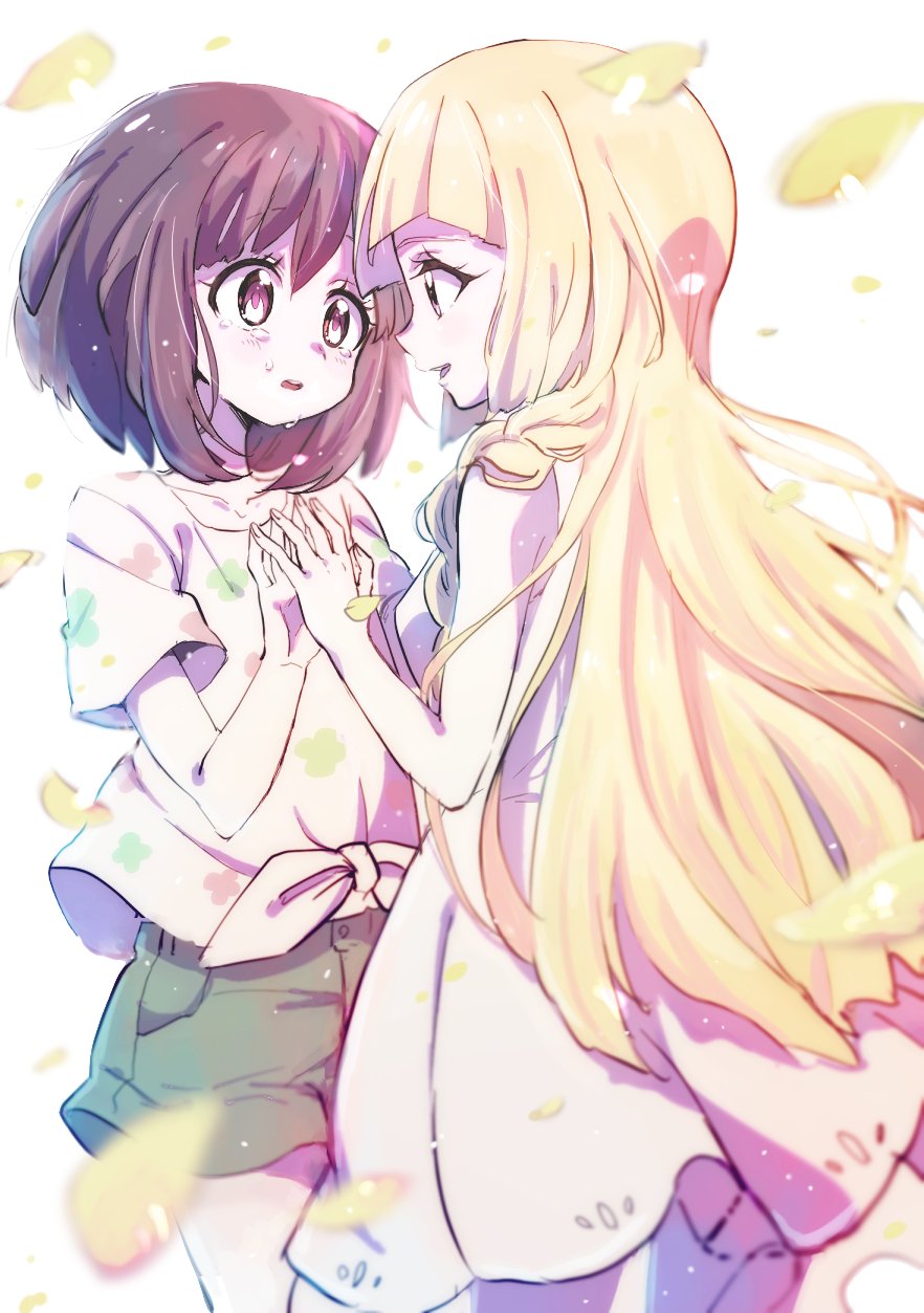 2girls blonde_hair brown_hair dress from_side green_shorts highres lillie_(pokemon) long_hair mikanbako_(aitatadon3) mizuki_(pokemon) multiple_girls open_mouth petals pokemon pokemon_(game) pokemon_sm shirt short_hair short_sleeves shorts simple_background sleeveless sleeveless_dress tears tied_shirt white_background white_dress