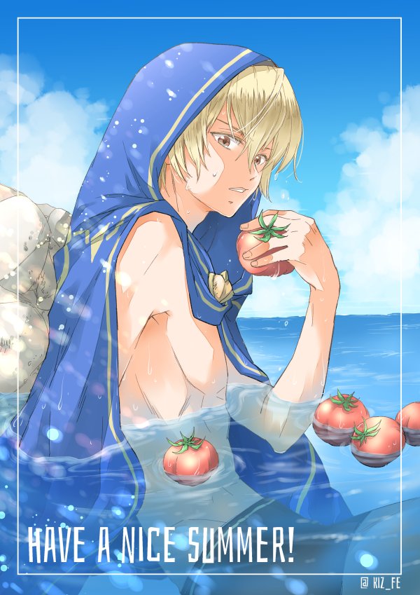 1boy abs blonde_hair fire_emblem fire_emblem_heroes fire_emblem_if holding kaneaki_mukku kizuki_miki leon_(fire_emblem_if) looking_at_viewer male_focus ocean red_eyes solo tomato towel water