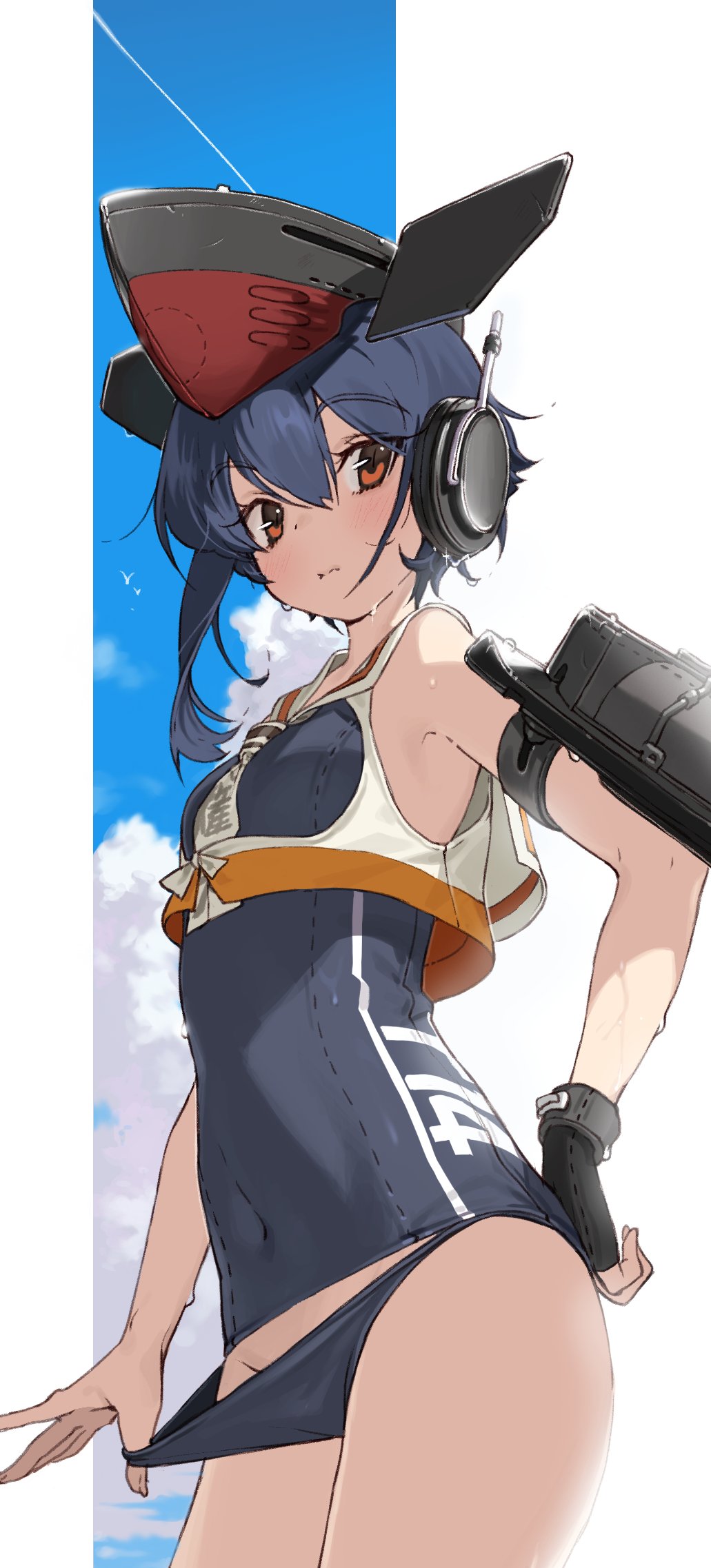 1girl asymmetrical_hair black_hair brown_eyes covered_navel cowboy_shot framed_breasts gloves hair_between_eyes hat headphones highres i-14_(kantai_collection) kantai_collection looking_at_viewer machinery partly_fingerless_gloves sailor_collar school_swimsuit school_swimsuit_flap short_hair single_glove solo standing swimsuit uzubilla wet