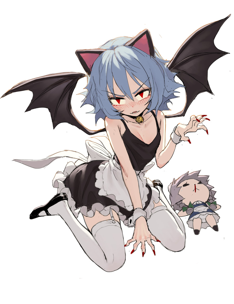 1girl alternate_costume animal_ears apron bat_wings bell bell_choker black_dress black_shoes blood blue_hair blush cat_ears character_doll choker dress enmaided fkey full_body garter_straps jingle_bell looking_at_viewer maid nail_polish nosebleed red_eyes red_nails remilia_scarlet shoes short_dress simple_background sitting solo thigh-highs touhou waist_apron wariza white_background white_legwear wings