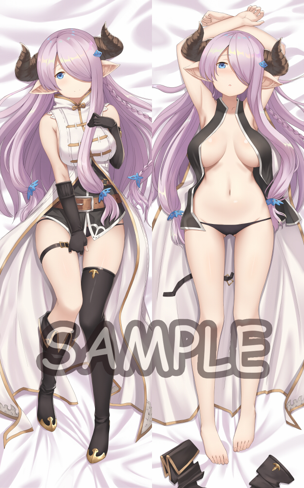 10s 1girl armpits arms_up bare_shoulders barefoot black_boots black_gloves black_panties blush boots boots_removed braid breast_suppress breasts breasts_apart dakimakura doraf elbow_gloves english eyes feet gloves granblue_fantasy groin hair_ornament head_tilt heijialan horns large_breasts lavender_hair long_hair looking_at_viewer lying multiple_views narumeia_(granblue_fantasy) navel on_back open_clothes open_shirt panties partly_fingerless_gloves pointy_ears sample shirt shoes_removed single_boot single_elbow_glove single_thigh_boot thigh_strap toes underwear very_long_hair