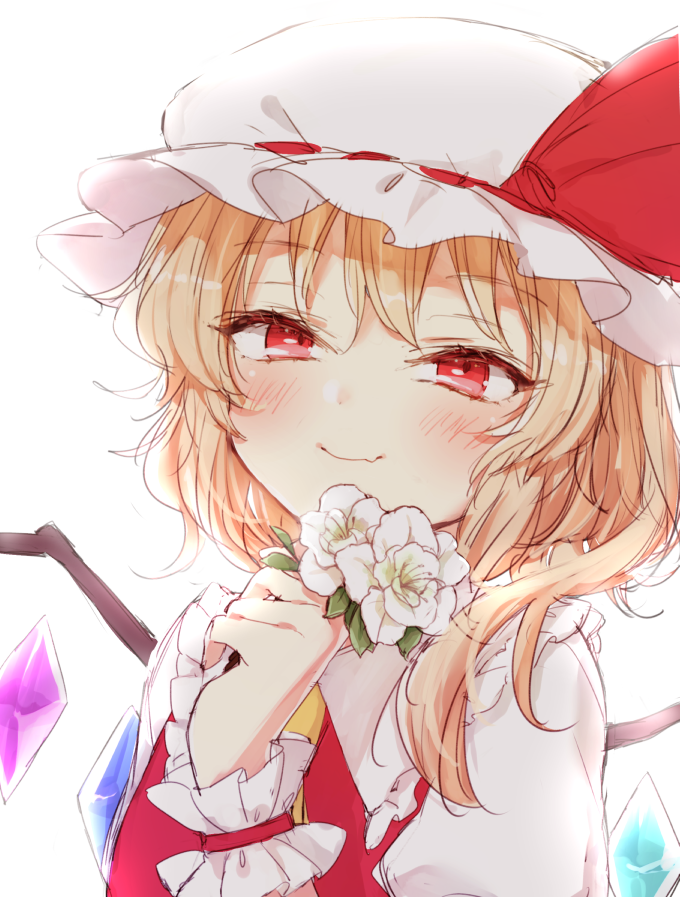 1girl ascot bangs blonde_hair bloom blush closed_mouth crystal fang flandre_scarlet flower frilled_shirt_collar frills hat hat_ribbon honotai looking_at_viewer mob_cap red_eyes ribbon side_ponytail smile solo touhou wings wrist_cuffs