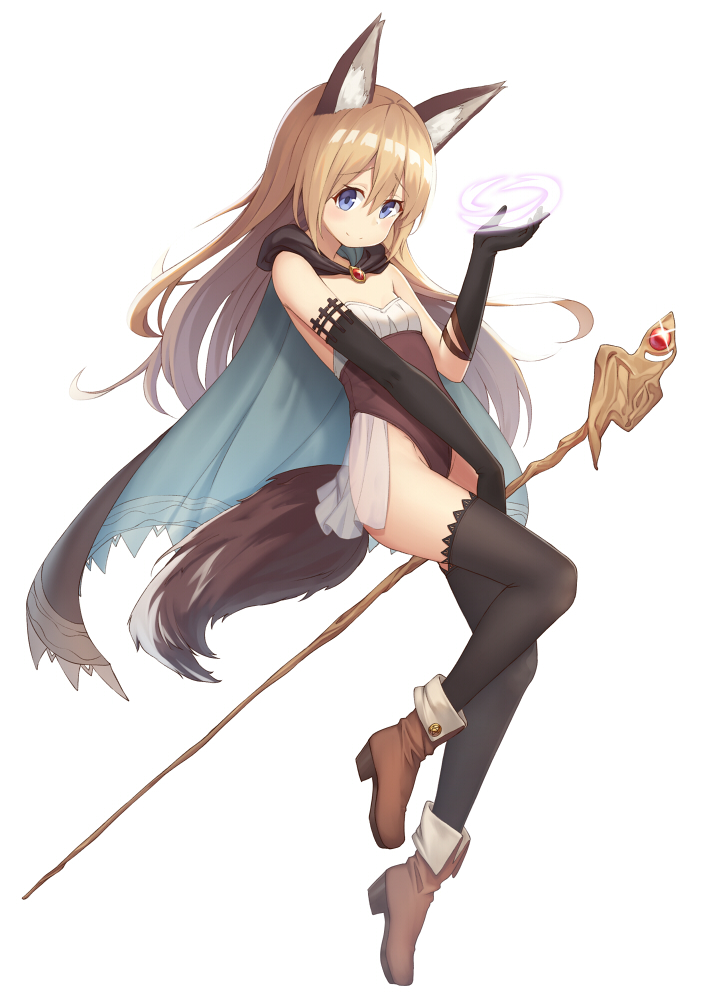 1girl animal_ears bare_shoulders black_cape black_gloves black_legwear blush boots brown_boots brown_hair cape closed_mouth elbow_gloves eyebrows_visible_through_hair flat_chest fox_ears fox_tail from_side full_body glint gloves groin hair_between_eyes heijialan high_heels long_hair magic original smile solo sparkle staff tail thigh-highs witch