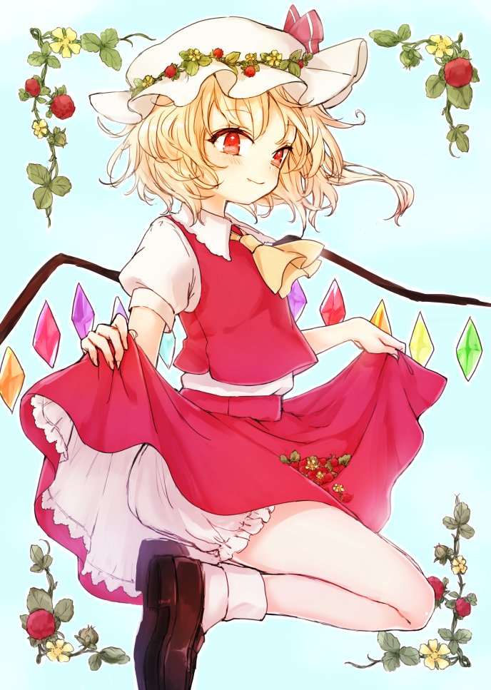 1girl ascot blonde_hair bloomers blush bobby_socks closed_mouth crystal fang flandre_scarlet frilled_shirt_collar frills from_side hat hat_ribbon honotai lifted_by_self loafers looking_at_viewer looking_to_the_side mob_cap red_eyes ribbon shoes side_ponytail skirt skirt_lift skirt_set smile socks solo touhou underwear wings