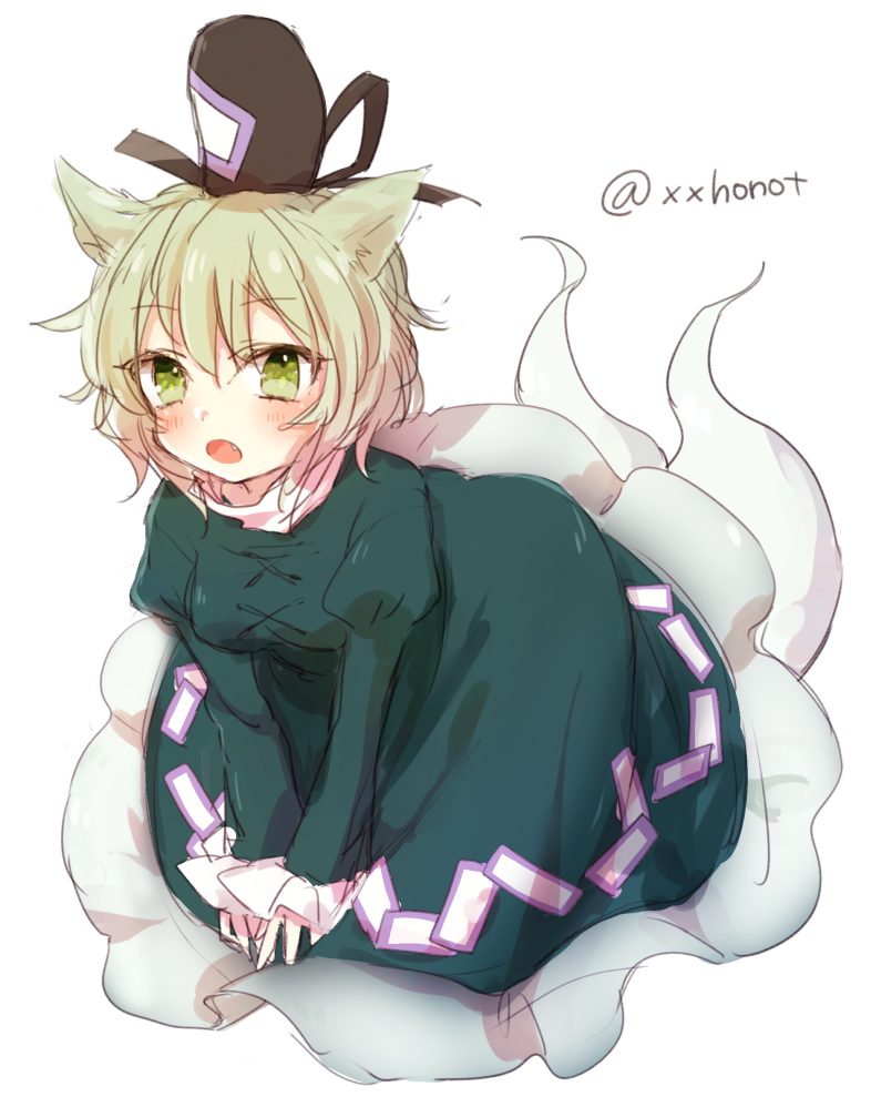 1girl :o animal_ears blush breasts cat_ears dress fang ghost_tail green_dress green_eyes green_hair hat honotai juliet_sleeves kemonomimi_mode long_sleeves looking_at_viewer medium_breasts ofuda_on_clothes open_mouth puffy_sleeves soga_no_tojiko solo tate_eboshi touhou twitter_username v_arms