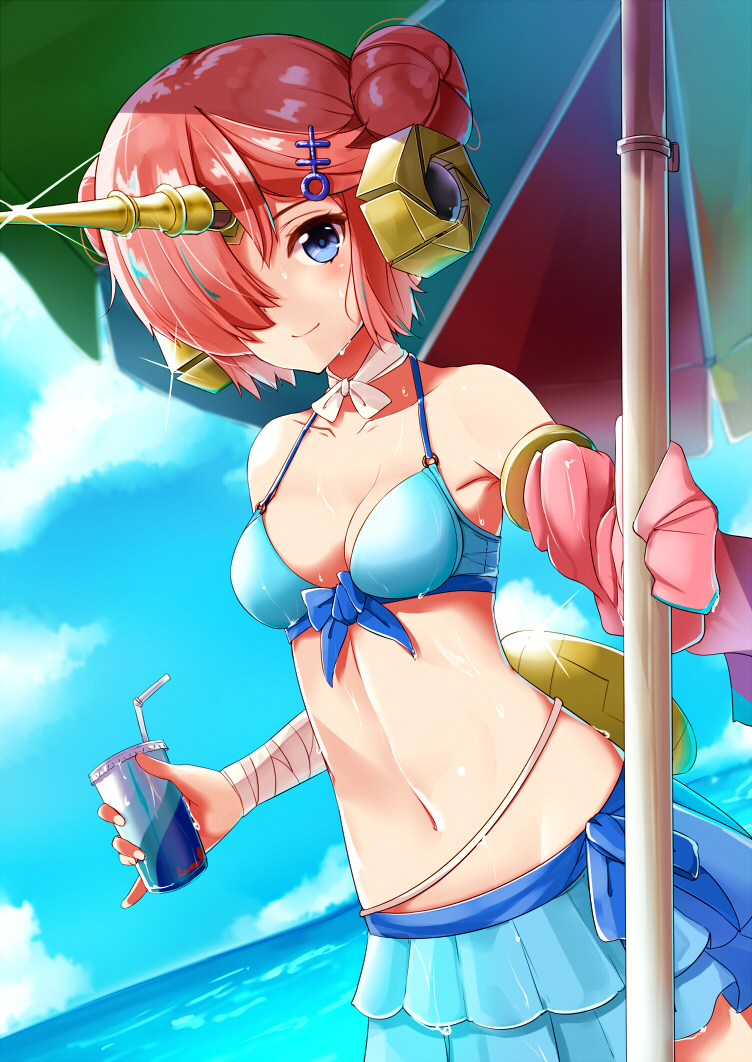 1girl bandage bandaged_arm beach berserker_of_black bikini blue_bikini blue_eyes blue_sky breasts cleavage closed_mouth clouds commentary_request cup day double_bun fate/apocrypha fate/grand_order fate_(series) hair_ornament hair_over_one_eye headgear holding holding_cup horn looking_at_viewer medium_breasts navel ocean outdoors parasol pink_hair sakamoto-cat short_hair sky smile solo standing straw swimsuit umbrella wet