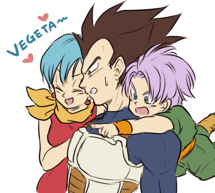 1girl 2girls :d annoyed armor black_eyes black_hair blue_eyes blue_hair bulma character_name closed_eyes dougi dragon_ball dragonball_z dress earrings eyebrows_visible_through_hair family father_and_son happy heart jewelry kerchief looking_away mother_and_son multiple_girls nervous open_mouth outstretched_hand pointing purple_hair red_dress short_hair simple_background smile spiky_hair sweatdrop tkgsize trunks_(dragon_ball) vegeta white_background wristband