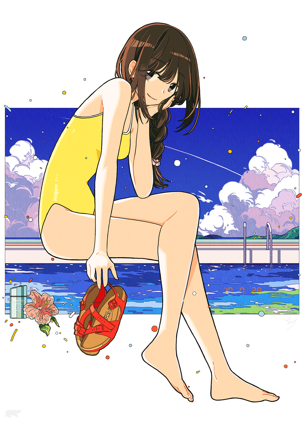 1girl bangs bare_legs blue_sky breasts brown_hair clouds dated feet hair_ornament highres kurokeisin long_hair looking_at_viewer one-piece_swimsuit original pool shoes sky smile solo summer swimsuit yellow_swimsuit