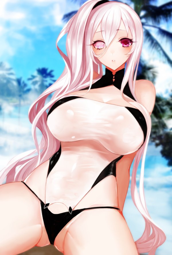 1girl apt arm_support bare_arms bare_shoulders blurry blush breasts cleavage cleavage_cutout coconut_tree day depth_of_field gluteal_fold grey_eyes hair_between_eyes heterochromia kuroda_kanbee_(sengoku_bushouki_muramasa) large_breasts long_hair looking_at_viewer one-piece_swimsuit outdoors palm_tree parted_lips sengoku_bushouki_muramasa side_ponytail silver_hair sitting solo spread_legs swimsuit tree very_long_hair violet_eyes