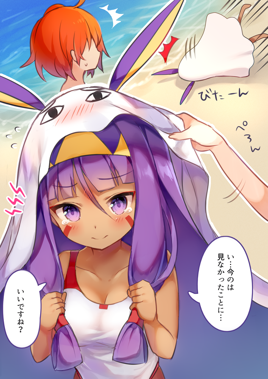 /\/\/\ 2girls beach blush breasts cleavage closed_mouth dark_skin embarrassed eyebrows_visible_through_hair falling fate/grand_order fate_(series) hairband highres long_hair looking_at_viewer motion_lines multiple_girls narusegawa_riko nitocris_(fate/grand_order) nitocris_(swimsuit_assassin)_(fate) orange_hair sand short_hair speech_bubble translation_request violet_eyes