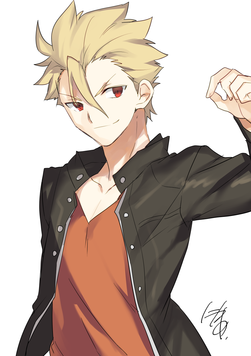 1boy archer_(fate/prototype) arm_up artist_name brown_shirt closed_mouth collarbone fate/prototype fate_(series) grin hair_between_eyes highres jacket looking_at_viewer male_focus nikame open_clothes open_jacket shirt signature simple_background smile solo spiky_hair upper_body v-neck white_background