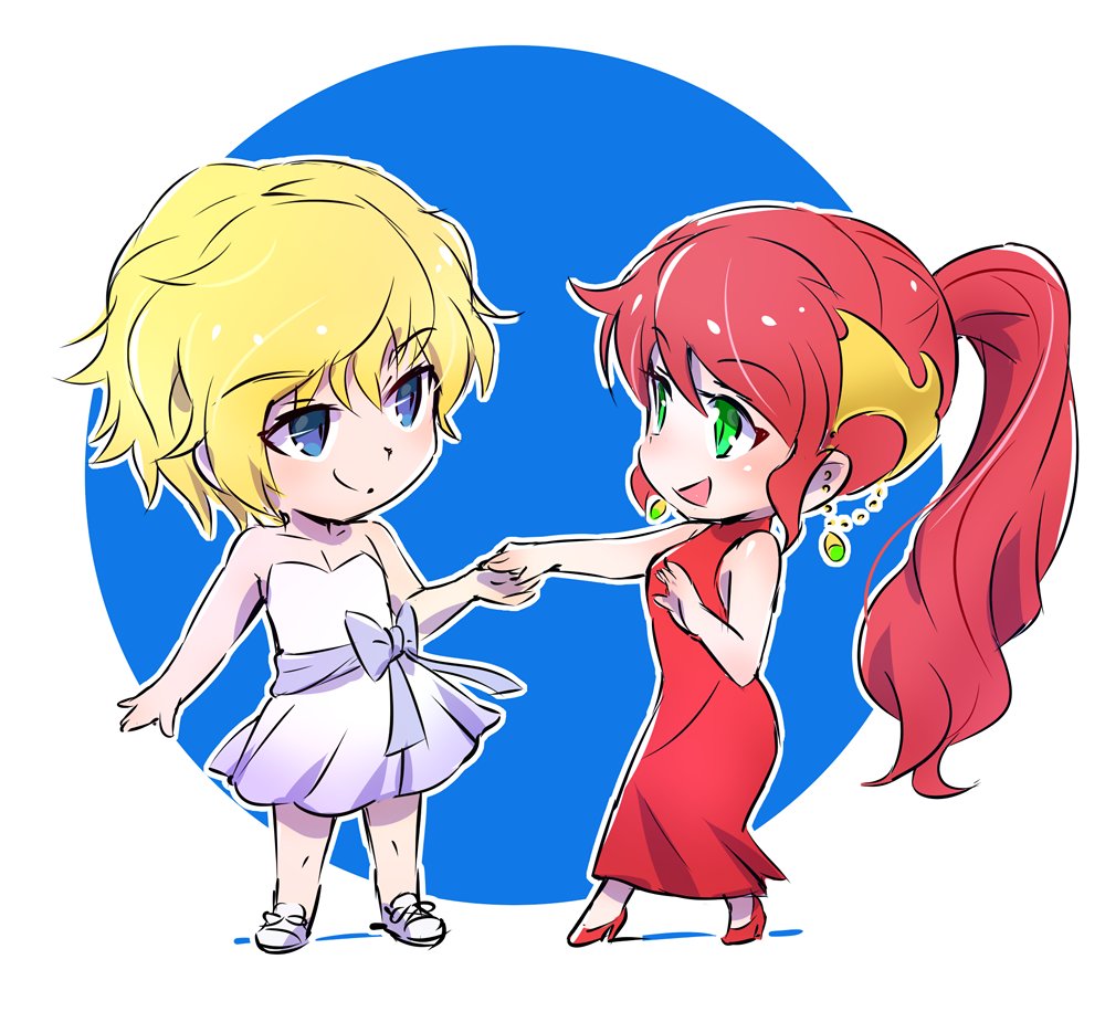 1boy 1girl blonde_hair blue_eyes chibi crossdressinging dancing dress green_eyes jaune_arc ponytail pyrrha_nikos red_dress redhead rwby rwby_chibi sleeveless sleeveless_dress smile tiara white_dress