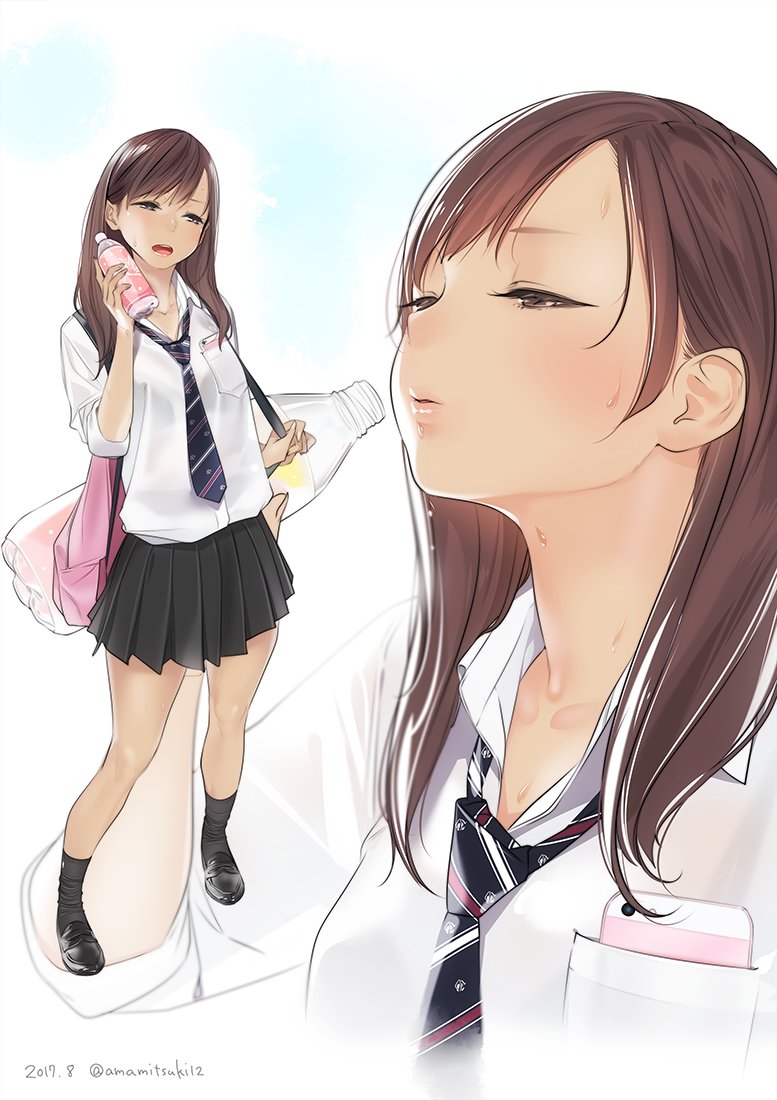 1girl ama_mitsuki black_legwear blush bottle brown_eyes brown_hair cellphone hot kneehighs long_hair necktie open_mouth phone pleated_skirt school_uniform skirt smartphone solo sweat sweating