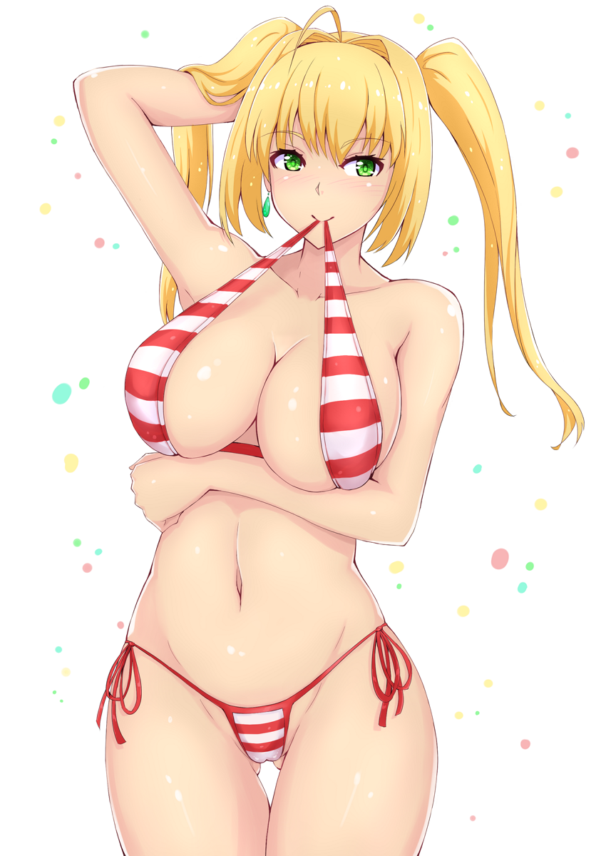 1girl arm_up bangs bikini blonde_hair blush breasts cleavage closed_mouth cowboy_shot eyebrows_visible_through_hair fate/grand_order fate_(series) green_eyes hair_between_eyes hair_intakes highres ixmmxi large_breasts long_hair looking_at_viewer mouth_hold navel nero_claudius_(swimsuit_caster)_(fate) red_bikini side-tie_bikini sidelocks simple_background smile solo striped striped_bikini swimsuit thighs twintails white_background white_bikini