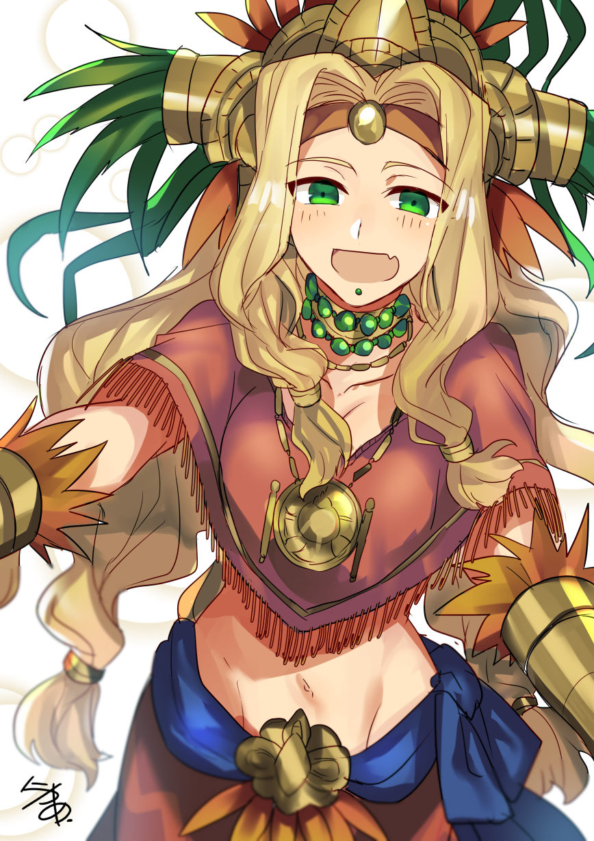 1girl :d artist_name blonde_hair circlet fang fate/grand_order fate_(series) green_eyes half-closed_eyes headdress highres long_hair looking_at_viewer nikame open_mouth quetzalcoatl_(fate/grand_order) signature smile solo upper_body wavy_hair