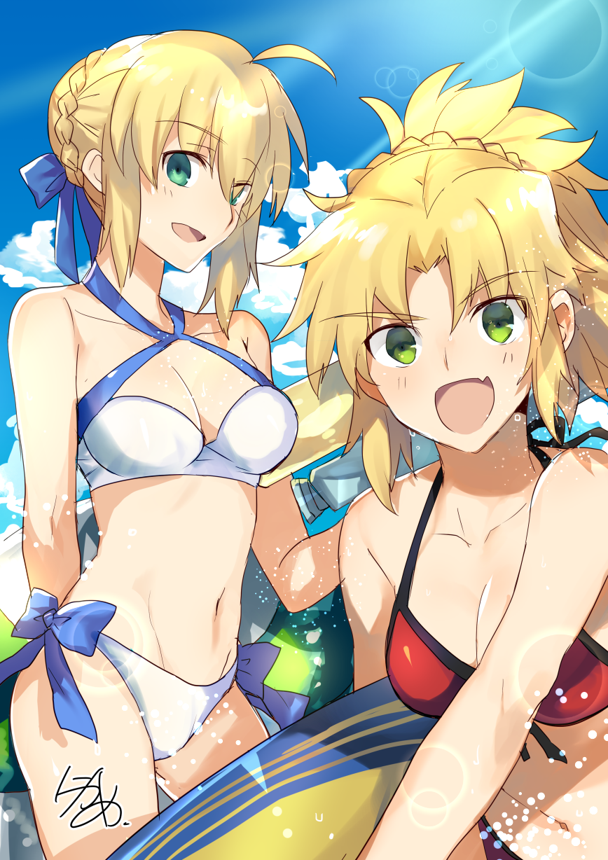 &gt;:d 2girls :d ahoge artist_name artoria_pendragon_(all) artoria_pendragon_(swimsuit_archer) bangs beach bikini blonde_hair blue_sky braid breasts clouds cloudy_sky collarbone criss-cross_halter eyebrows_visible_through_hair fang fate/grand_order fate_(series) french_braid green_eyes halter_top halterneck highres holding lens_flare light_rays long_hair looking_at_viewer medium_breasts mordred_(swimsuit_rider)_(fate) multiple_girls nikame open_mouth outdoors parted_bangs ponytail saber saber_of_red sidelocks signature sky smile sunbeam sunlight surfboard swimsuit white_bikini