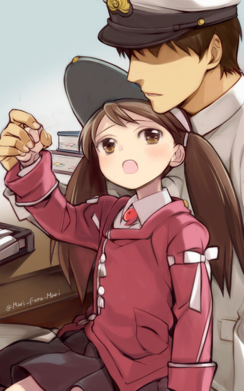 1boy 1girl :o admiral_(kantai_collection) blush book brown_eyes brown_hair commentary_request faceless faceless_male hand_holding hat japanese_clothes kantai_collection kariginu long_hair long_sleeves magatama peaked_cap primary_stage ryuujou_(kantai_collection) sitting sitting_on_lap sitting_on_person twintails twitter_username visor_cap