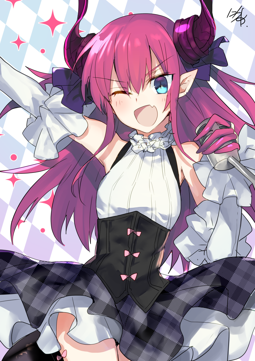 10s 1girl ;d argyle argyle_background artist_name bangs blue_eyes corset detached_sleeves eyebrows_visible_through_hair fang fate/extra fate/extra_ccc fate_(series) frilled_shirt_collar frills hair_between_eyes highres holding holding_microphone horns lancer_(fate/extra_ccc) long_hair looking_at_viewer microphone nikame one_eye_closed open_mouth plaid plaid_skirt pointy_ears purple_hair signature skirt smile solo sparkle tsurime unmoving_pattern
