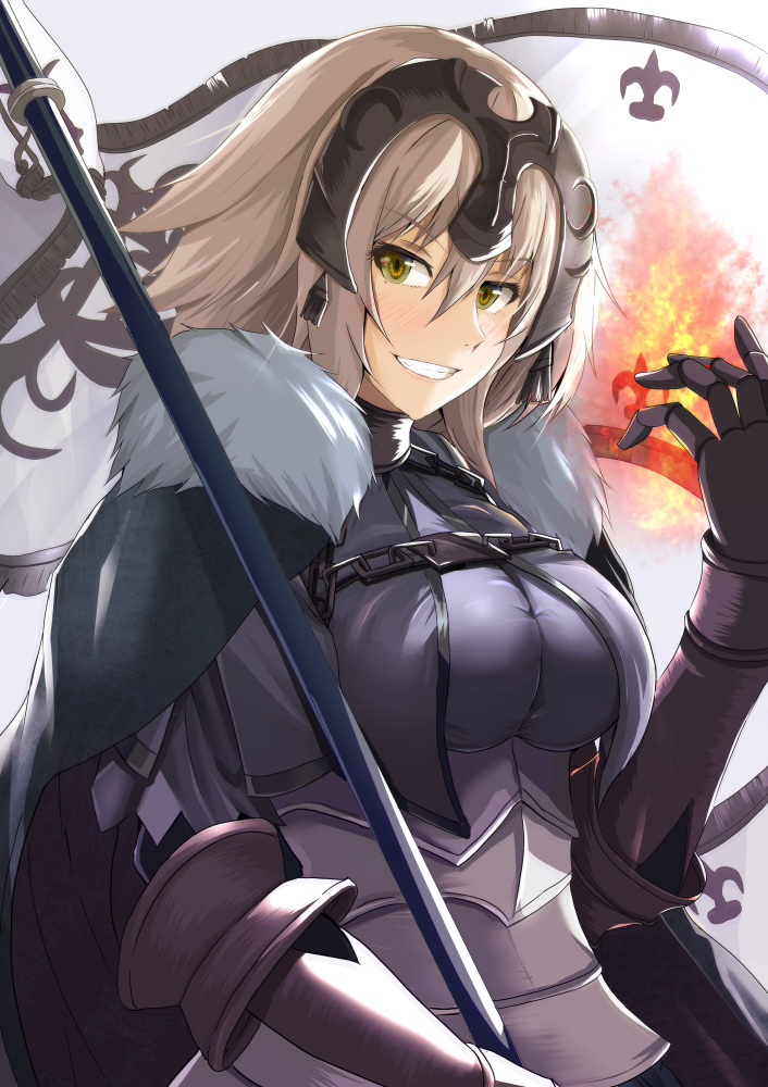 &gt;:) 1girl bangs blush breasts cape chains fate/grand_order fate_(series) faulds fire flag from_side fur_trim gauntlets grey_hair grin headpiece jeanne_alter kanzaki_kureha large_breasts looking_at_viewer looking_to_the_side ruler_(fate/apocrypha) short_hair smile solo upper_body yellow_eyes