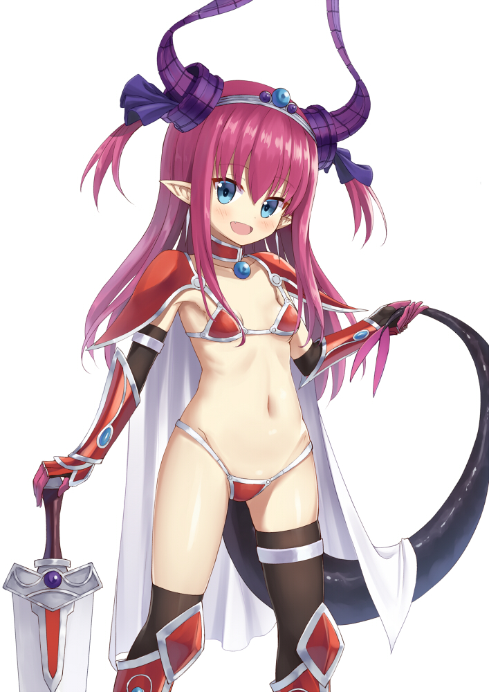 1girl :d armor bikini_armor black_legwear blue_eyes blush cape collarbone commentary_request eyebrows_visible_through_hair fang fate/grand_order fate_(series) flat_chest groin hair_between_eyes hand_on_hilt heijialan holding_own_tail holding_tail kneehighs lancer_(fate/extra_ccc) long_hair looking_at_viewer mismatched_legwear navel open_mouth pink_hair pointy_ears simple_background single_kneehigh single_thighhigh smile solo standing sword tail thigh-highs two_side_up very_long_hair weapon white_background white_cape