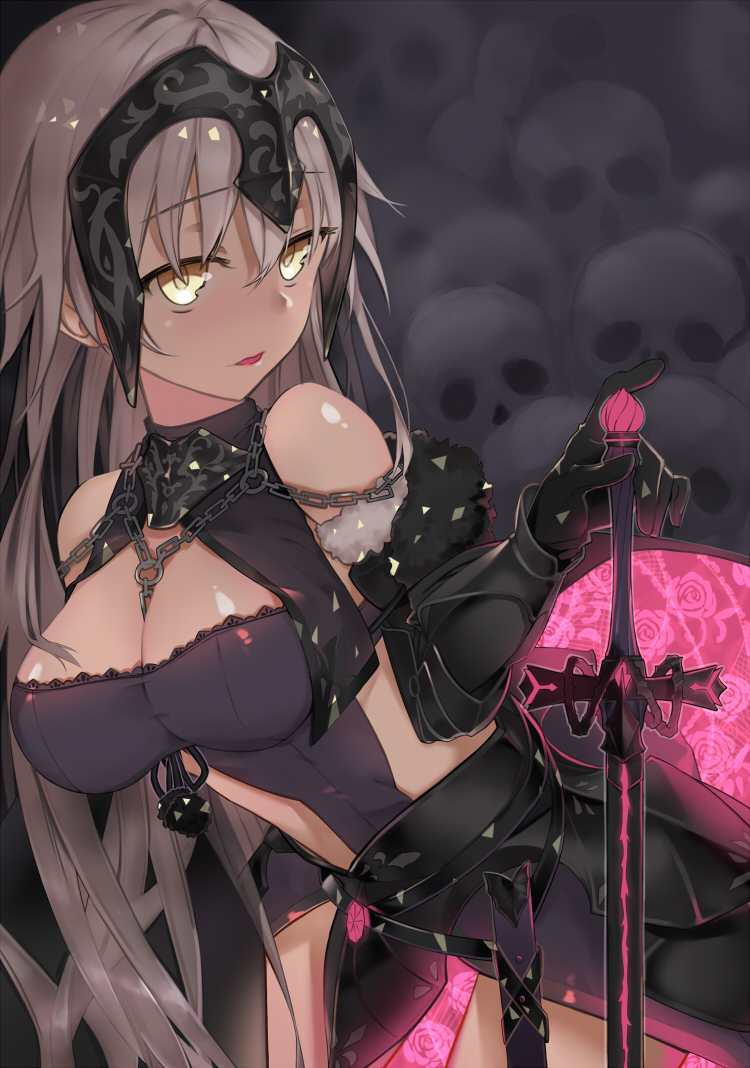 1girl armor armored_dress between_breasts black_gloves blonde_hair breasts chains cleavage fate/grand_order fate_(series) floral_print gloves headpiece jeanne_alter large_breasts leaning_forward long_hair looking_at_viewer parted_lips ribo ruler_(fate/apocrypha) sheath skull solo sword very_long_hair weapon yellow_eyes