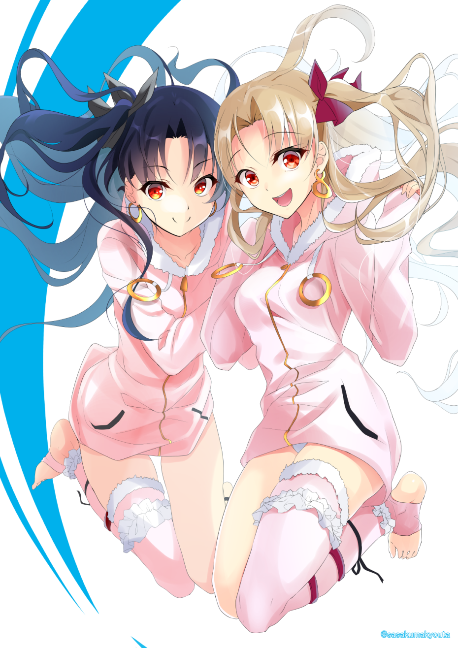 2girls :d black_hair blonde_hair earrings ereshkigal_(fate/grand_order) fate/grand_order fate_(series) fur_trim hair_ribbon highres hood hooded_jacket hoop_earrings ishtar_(fate/grand_order) ishtar_(swimsuit_rider)_(fate) jacket jewelry jumping leg_garter long_hair looking_at_viewer multiple_girls open_mouth pink_jacket pink_legwear red_eyes ribbon sasakuma_kyouta single_thighhigh sleeves_past_wrists smile swimsuit swimsuit_under_clothes thigh-highs toeless_legwear tohsaka_rin twitter_username two_side_up very_long_hair white_swimsuit