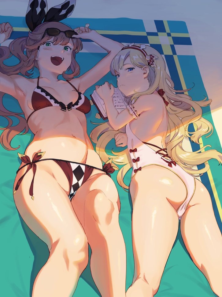 10s 2girls :d arm_garter armpits arms_up ass bikini blonde_hair bow breasts brown_hair cagliostro_(granblue_fantasy) clarisse_(granblue_fantasy) granblue_fantasy green_eyes hair_bow hairband long_hair looking_at_viewer looking_back lying multiple_girls navel on_back on_stomach one-piece_swimsuit open_mouth ponytail red_bikini side-tie_bikini small_breasts smile sunao_(souis) sunglasses sunglasses_on_head swimsuit very_long_hair violet_eyes white_swimsuit