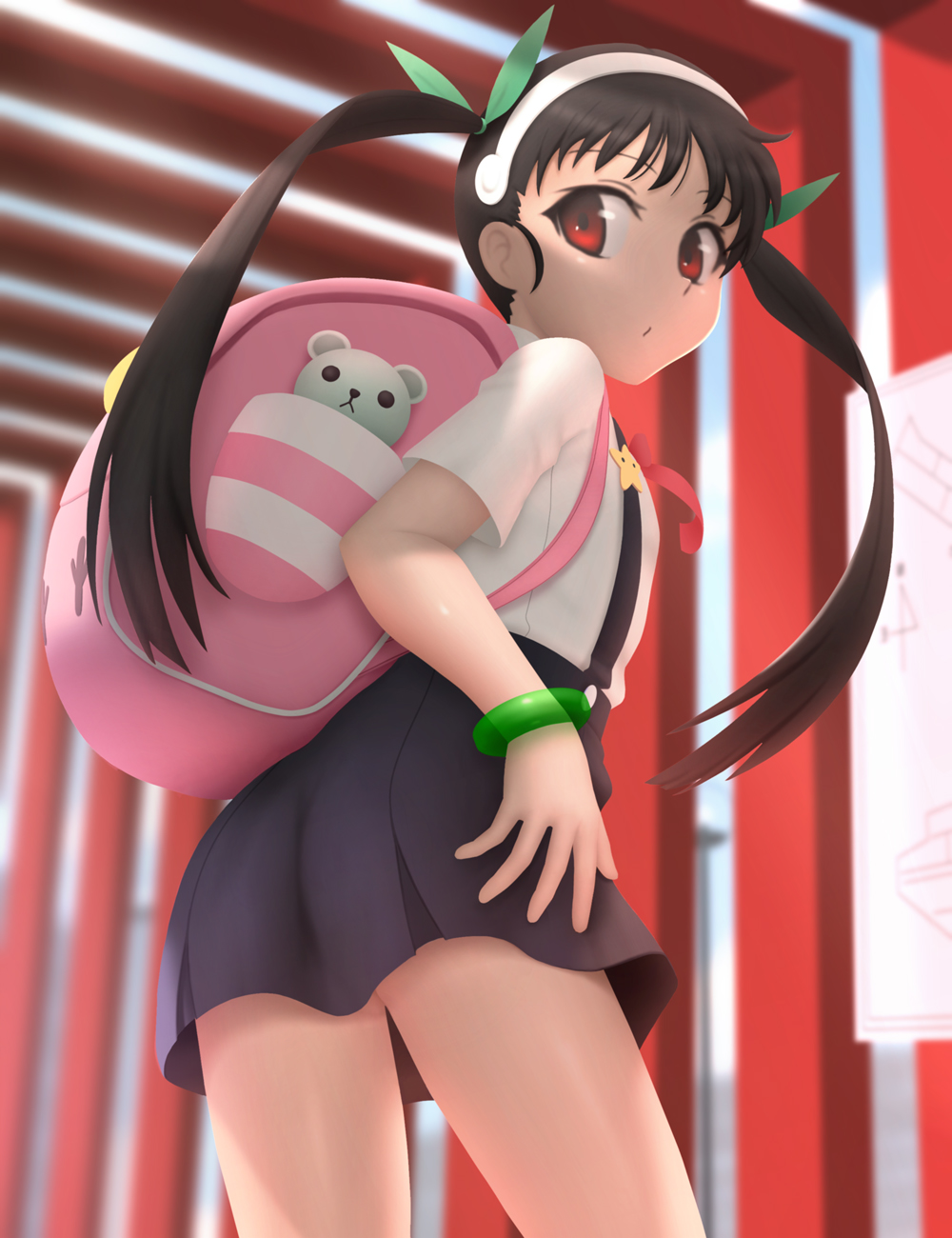 1girl backpack bag bakemonogatari bangs black_hair bracelet closed_mouth eyebrows_visible_through_hair from_below hachikuji_mayoi highres jewelry long_hair looking_back map monogatari_(series) outdoors pursed_lips red_eyes siraha skirt solo suspender_skirt suspenders thighs twintails