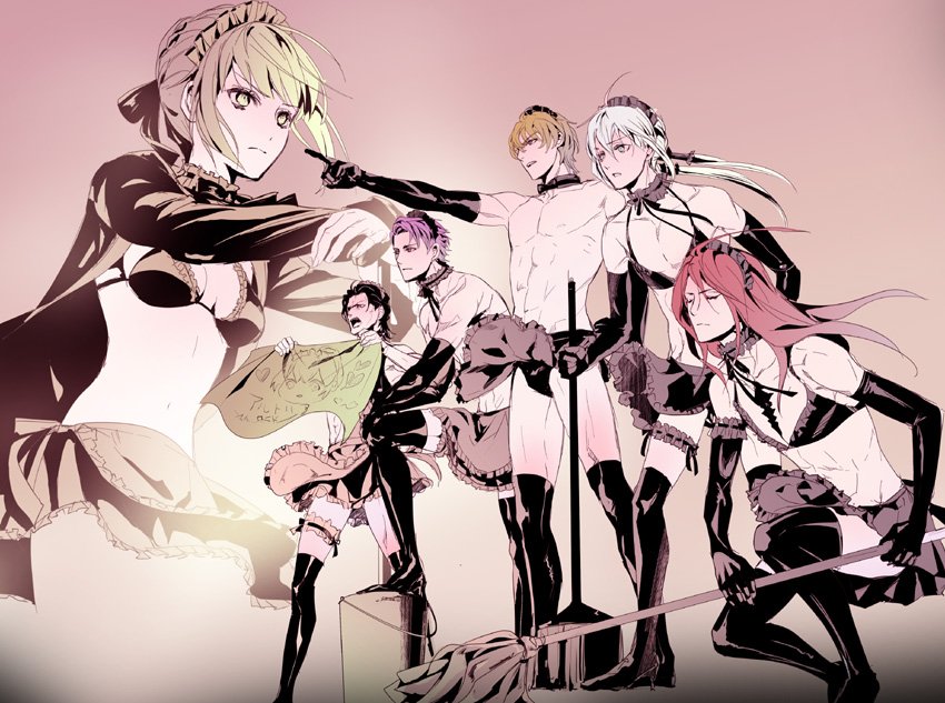 1girl 5boys agravain_(fate/grand_order) apron artoria_pendragon_(all) artoria_pendragon_(swimsuit_rider_alter)_(fate) bedivere bikini bikini_under_clothes black_boots black_gloves black_hair blonde_hair boots bow bowtie braid breasts bucket character_name closed_eyes commentary_request crossdressinging detached_collar elbow_gloves fate/grand_order fate_(series) french_braid gawain_(fate/extra) gloves hair_ribbon heart holding jacket knights_of_the_round_table_(fate) lancelot_(fate/grand_order) long_hair long_sleeves maid maid_bikini maid_headdress medium_breasts mop multiple_boys muscle nodo_goshisawayaka open_mouth pointing purple_hair red_eyes ribbon saber_alter shouting swimsuit thigh-highs thigh_boots tristan_(fate/grand_order) twintails yellow_eyes