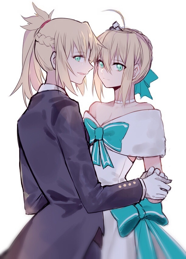 2girls aqua_ribbon artoria_pendragon_(all) backlighting bangs blonde_hair closed_mouth dress eyebrows_visible_through_hair fate/apocrypha fate/stay_night fate_(series) formal gloves green_eyes hair_between_eyes hair_ribbon half_updo long_hair long_sleeves looking_at_viewer looking_back multiple_girls parted_lips ponytail ribbon saber saber_of_red sidelocks simple_background smile suit white_background white_dress white_gloves yorukun