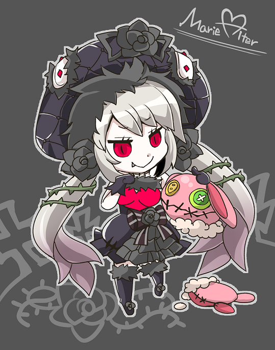 1girl artist_request black_rose dark_persona dress fang fate/grand_order fate_(series) flower hat lolita_fashion marie_antoinette_(fate/grand_order) plant reflection rose silver_hair slit_pupils smile solo stuffed_animal stuffed_bunny stuffed_toy twintails vines