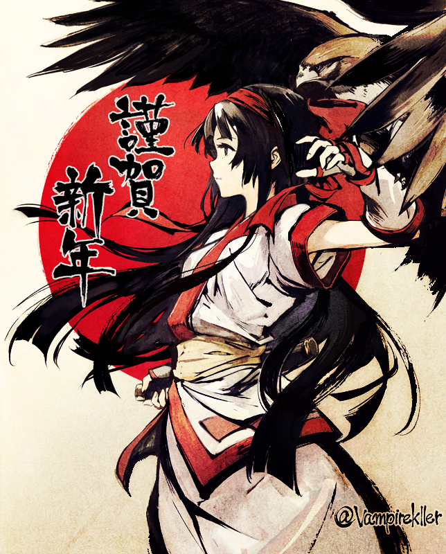 1girl ainu_clothes banpai_akira bird bird_on_hand black_hair fingerless_gloves from_side gloves hairband hand_on_hilt hawk long_hair mamahaha nakoruru samurai_spirits short_sword solo sword translation_request twitter_username weapon