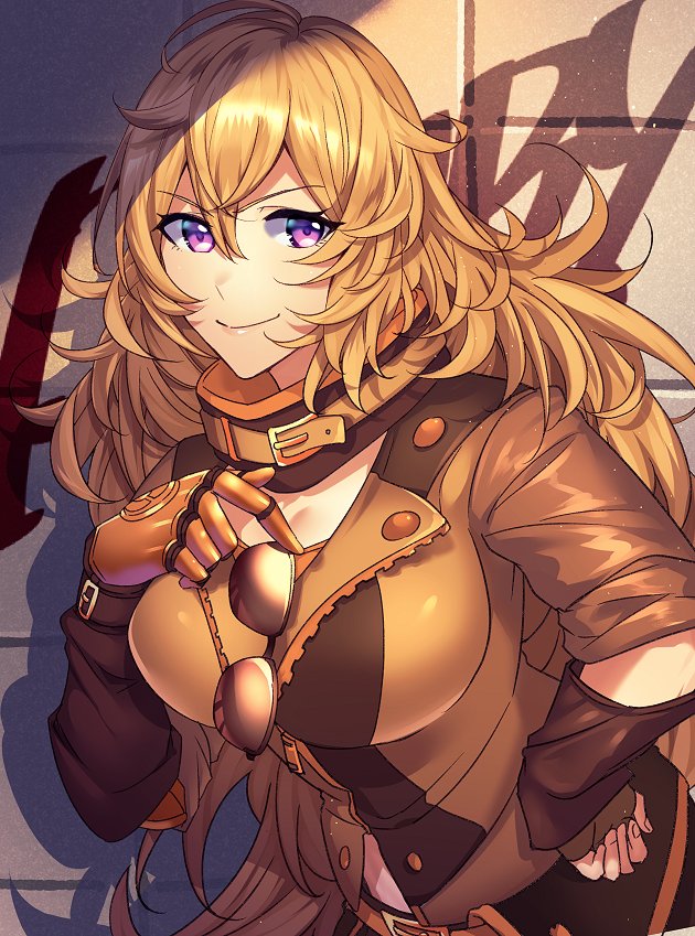 1girl blonde_hair brick_wall check_commentary commentary commentary_request graffiti jacket leather leather_jacket prosthesis prosthetic_arm rwby solo sunglasses sunglasses_removed title violet_eyes yang_xiao_long