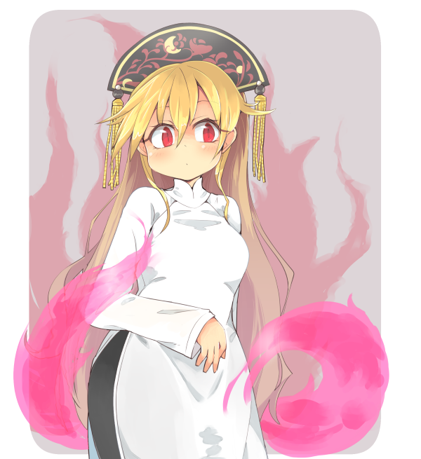 1girl alternate_color blonde_hair china_dress chinese_clothes commentary_request dress energy hair_between_eyes ini_(inunabe00) junko_(touhou) long_sleeves red_eyes side_slit solo tassel touhou wavy_mouth white_dress