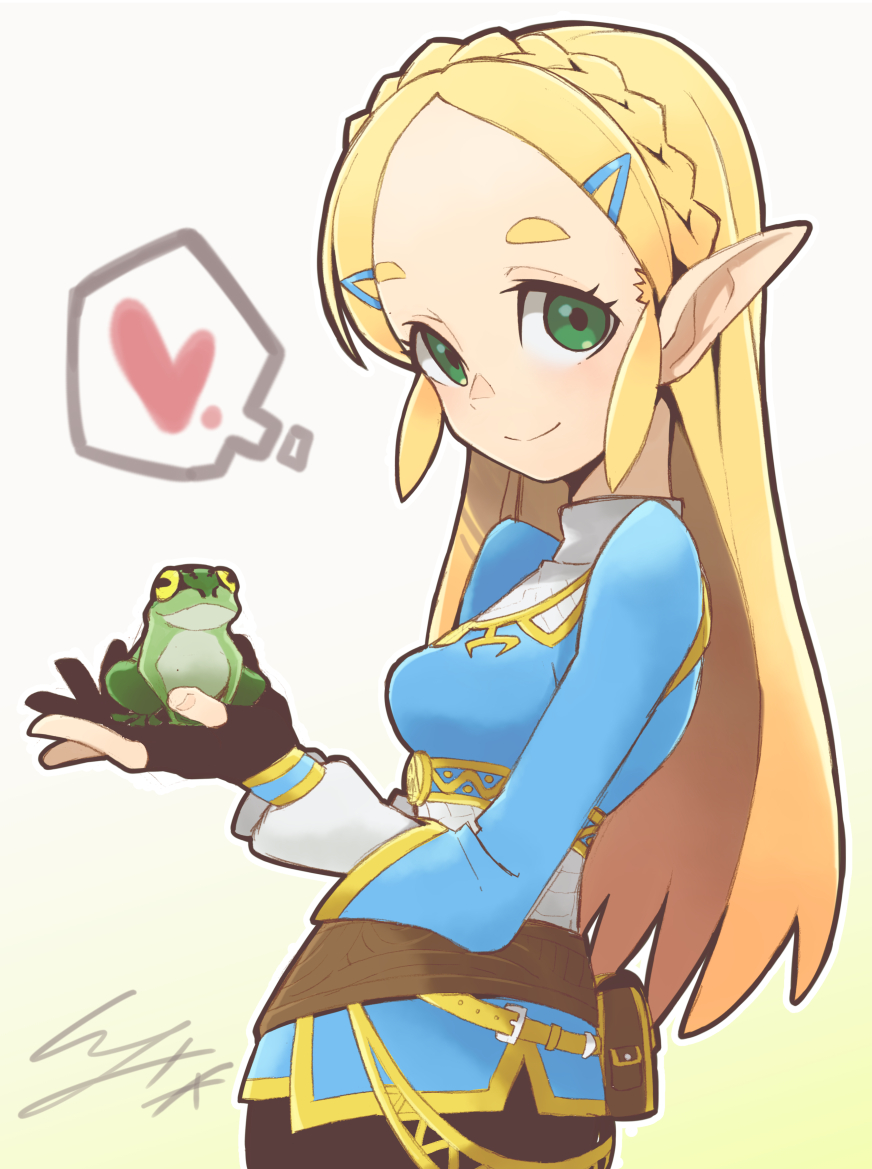 1girl animal blonde_hair braid forehead french_braid frog gloves green_eyes hair_ornament hairclip heart holding holding_animal io_naomichi long_hair looking_at_viewer pointy_ears pouch princess_zelda sidelocks simple_background smile solo spoken_heart the_legend_of_zelda the_legend_of_zelda:_breath_of_the_wild thick_eyebrows turtleneck