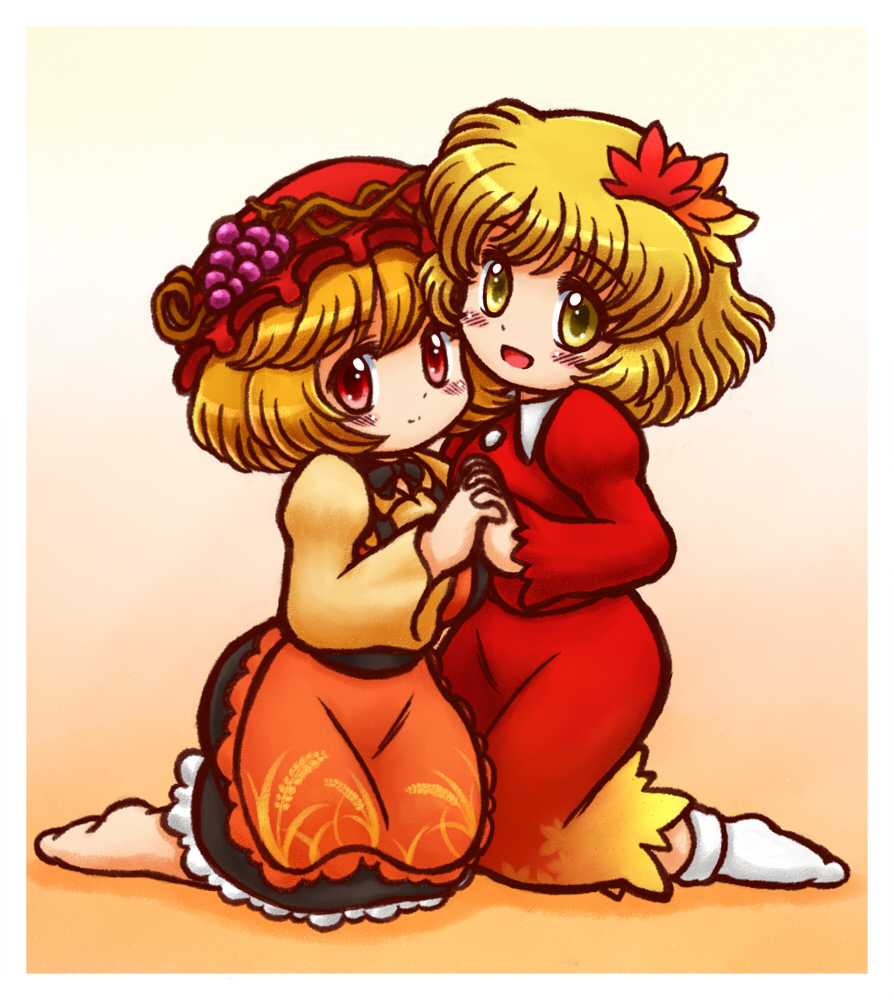 2girls :d aki_minoriko aki_shizuha apron bangs barefoot black_skirt blonde_hair blush_stickers breasts closed_mouth collared_shirt commentary_request eyebrows_visible_through_hair food frilled_skirt frills fruit gradient gradient_background grapes hair_ornament hand_holding hat interlocked_fingers kneeling leaf_hair_ornament long_sleeves looking_at_viewer medium_breasts mob_cap multiple_girls nitamago open_mouth orange_apron red_eyes red_hat red_shirt red_skirt shadow shirt short_hair siblings sisters skirt skirt_set small_breasts smile socks touhou two-tone_background white_legwear wing_collar yellow_eyes yellow_shirt