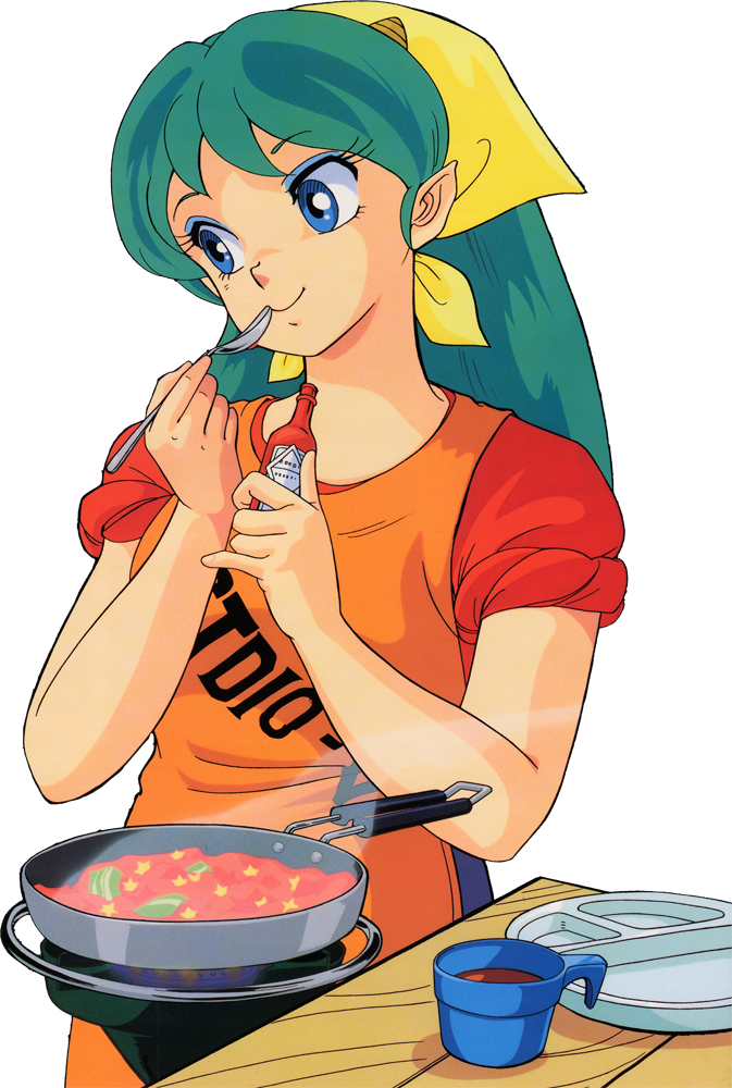 1girl apron blue_eyes bottle clothes_writing cooking cup eyeshadow green_hair holding holding_bottle holding_spoon horns long_hair lum makeup oni sleeves_rolled_up smile solo spatula steam stove table urusei_yatsura