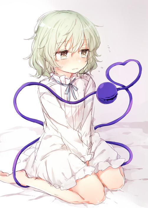 1girl alternate_costume barefoot blush dress eyeball full_body green_eyes green_hair hair_between_eyes heart heart_of_string honotai komeiji_koishi long_sleeves looking_away nose_blush parted_lips short_hair sitting solo third_eye touhou v_arms wariza white_dress