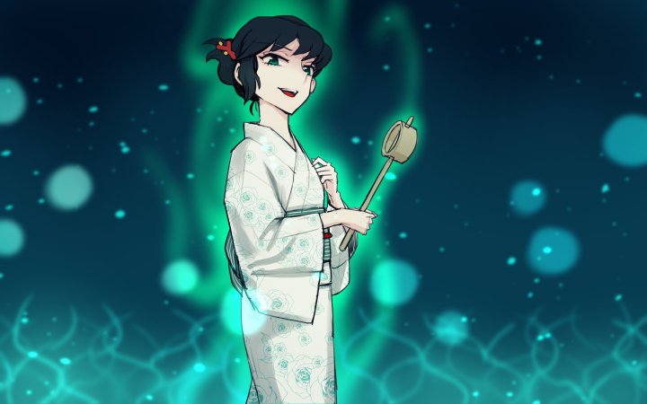 1girl alternate_costume alternate_hairstyle black_hair green_eyes japanese_clothes kimono ladle looking_at_viewer meitei murasa_minamitsu obi open_mouth sash short_hair smile smirk solo tied_hair touhou yukata