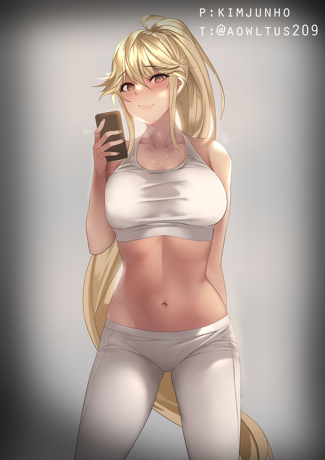 1girl arm_at_side artist_name blonde_hair blush bra breasts breath brown_eyes closed_mouth cowboy_shot eyebrows_visible_through_hair hair_between_eyes highres kimjunho large_breasts long_hair looking_at_viewer midriff nail_polish navel ponytail shirt simple_background smile solo sports_bra taut_clothes taut_shirt twitter_username underwear very_long_hair white_bra